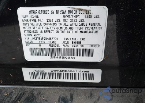 2008 Infiniti G35X из США, поврежденный, VIN JNKBV61F28M268700